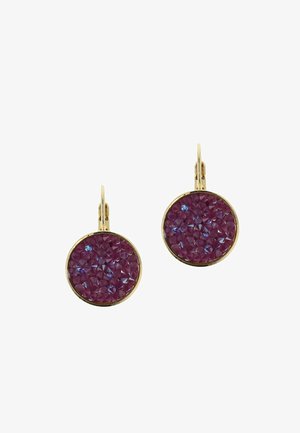 Round earrings featuring a purple, faceted gemstone surface set in gold-tone metal. Textured design with a shiny finish and leverback closure.
