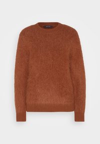 Sweter w kolorze rdzy wykonany z puszystego, teksturowanego materiału. Posiada okrągły dekolt oraz ściągacze na mankietach i dolnej krawędzi. Prosty, jednolity design.