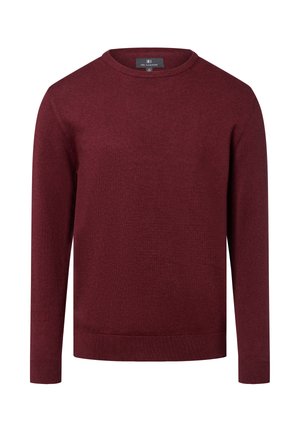 Herren Langarm-Pullover mit Rundhalsausschnitt aus dunkelrotem Strickstoff, mit gerippten Bündchen und Saum.