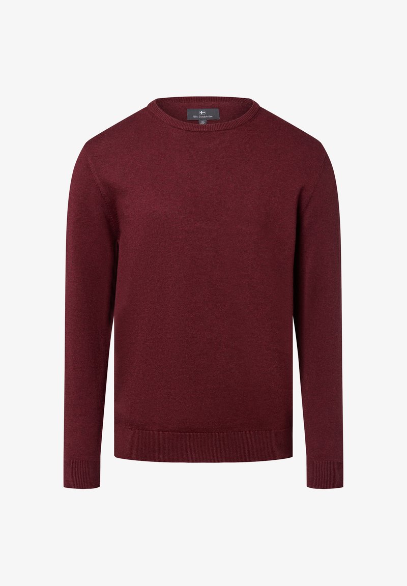 Maglione da uomo a maniche lunghe con collo a giro in tessuto di maglia rosso scuro uniforme, con polsini e orlo a coste.