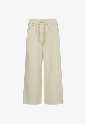 Beige wijde broek met elastische tailleband en trekkoord, voorzien van voorzakken, ontworpen voor een ontspannen pasvorm.