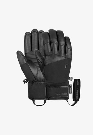 Guantes negros hechos de cuero y tela, con tres segmentos en los dedos, puños elásticos y una correa para la muñeca para un ajuste seguro.