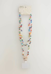 Colorful beaded lanyard with various shapes and sizes of beads, interspersed with gold accents, featuring a clear ID holder at the bottom.