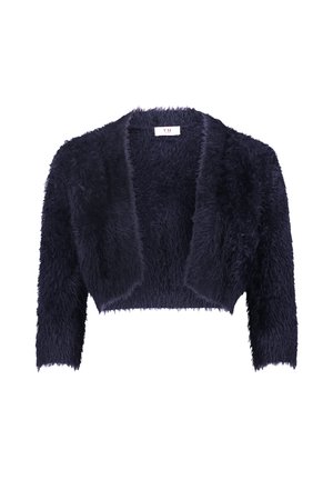 Navy blue cropped cardigan made from fuzzy, textured fabric, featuring long sleeves and an open front design. Label visible inside.