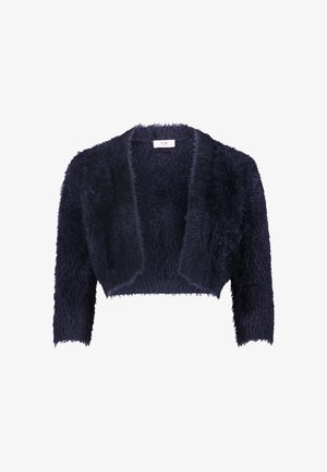 Dunkelblaues, kurz geschnittenes Strickjacke aus einem flauschigen, strukturierten Stoff, mit langen Ärmeln und einem offenen Design. Etikett innen sichtbar.