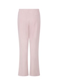 Lichtroze rechte broek met subtiele verticale streepdetails en een elastische tailleband, plat weergegeven op een witte achtergrond.