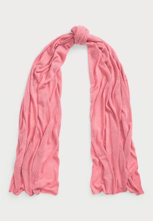 Roze lichte sjaal met een subtiel geperforeerd patroon, losjes bovenaan geknoopt, plat weergegeven op een witte achtergrond.