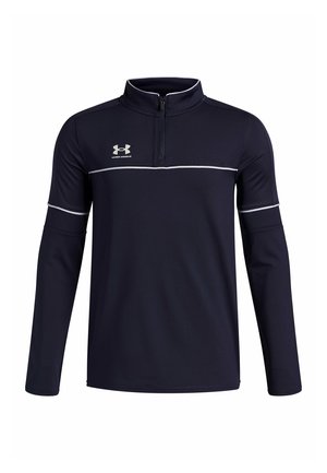 Navy long-sleeve pullover with a half zipper, featuring a white horizontal stripe and an Under Armour logo on the chest. Smooth, athletic fit.