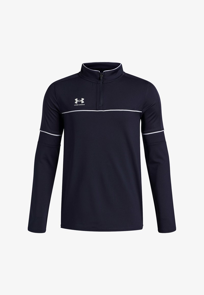 Tumesinine pika varrukaga pullover, millel on poolne tõmblukk, valge horisontaalne triip ja Under Armouri logo rinnal. Sile, sportlik sobivus.