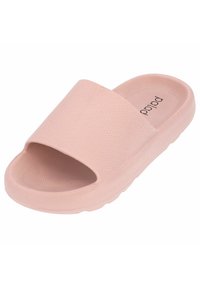 Pink slide sandal made of textured material, featuring an open toe and wide strap design, with a cushioned sole for comfort.