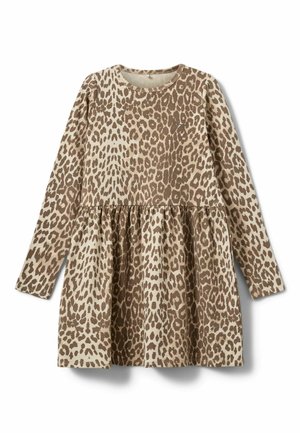 Vestito a maniche lunghe con base beige e stampa leopardata marrone. Scollo arrotondato, vita arricciata e tessuto dalla texture morbida.