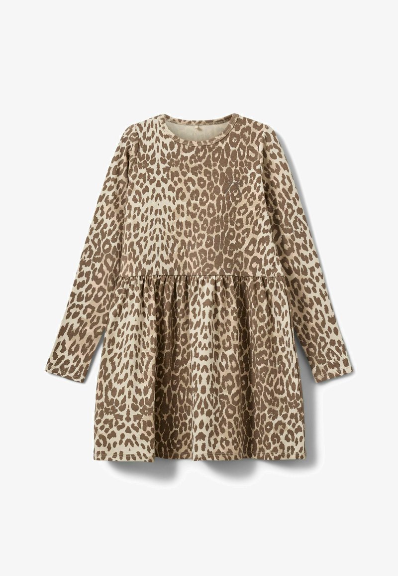 Hosszú ujjú ruha bézs alapon barna leopárdmintával. Lekerekített nyakkivágás, ráncolt derék és puha textúrájú anyag.
