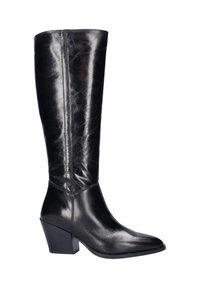 Zwarte leren laars tot de knie met een spitse neus en blokhak. Kenmerkt zich door een gladde afwerking en subtiele stikdetails.
