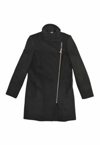 Cappotto nero realizzato in un tessuto texture, caratterizzato da un alto colletto, zip frontale asimmetrica con hardware dorato e maniche lunghe.