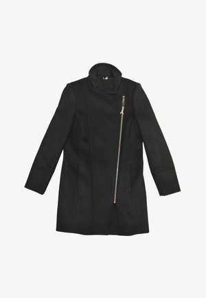 Cappotto nero realizzato in un tessuto texture, caratterizzato da un alto colletto, zip frontale asimmetrica con hardware dorato e maniche lunghe.