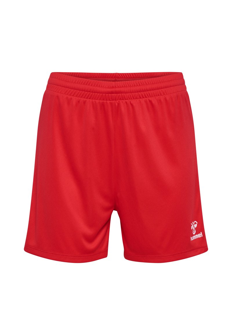 Czerwone sportowe szorty wykonane z gładkiego, lekkiego materiału. Posiadają elastyczny pas i biały logo w dolnym prawym rogu.