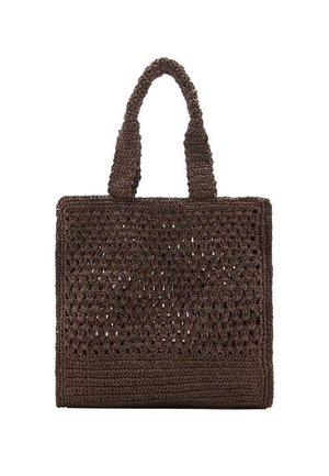 Sac fourre-tout marron en crochet de forme carrée avec deux poignées solides, présentant un motif de tissage ouvert sur la partie supérieure.
