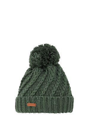 Knitted green beanie with a textured cable pattern, topped with a fluffy pom-pom, featuring a brown leather label sewn on the cuff.