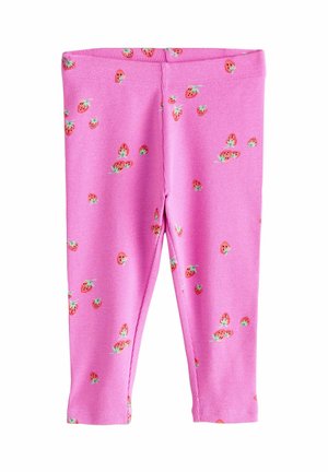 Leggings rosa a coste con un motivo di piccole fragole rosse e foglie verdi, caratterizzati da una cintura elastica e un design alla caviglia.