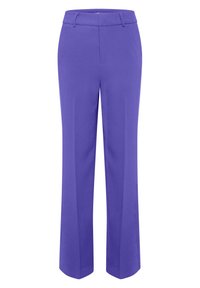 Lila byxor med en rak bendesign. Tillverkade av ett slätt tyg, med en medelhög midja och utan synliga fickor eller metalldetaljer.