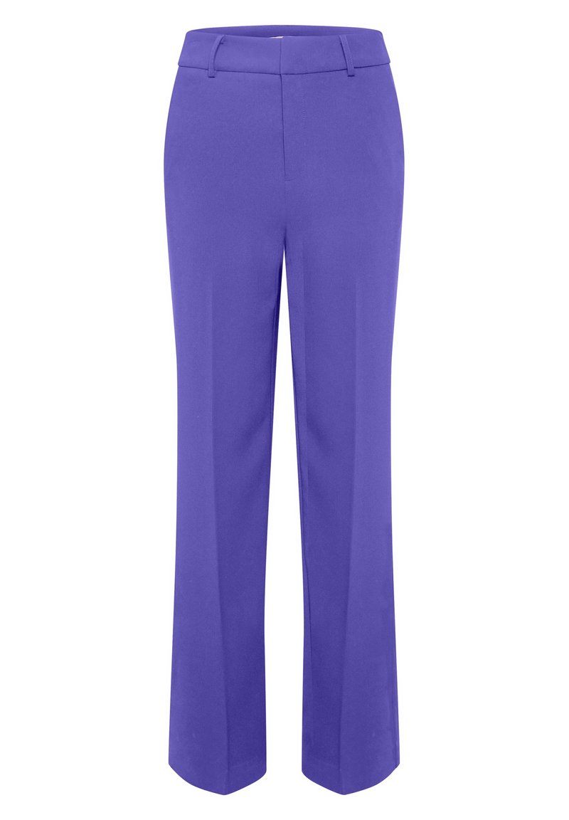 Lila byxor med en rak bendesign. Tillverkade av ett slätt tyg, med en medelhög midja och utan synliga fickor eller metalldetaljer.