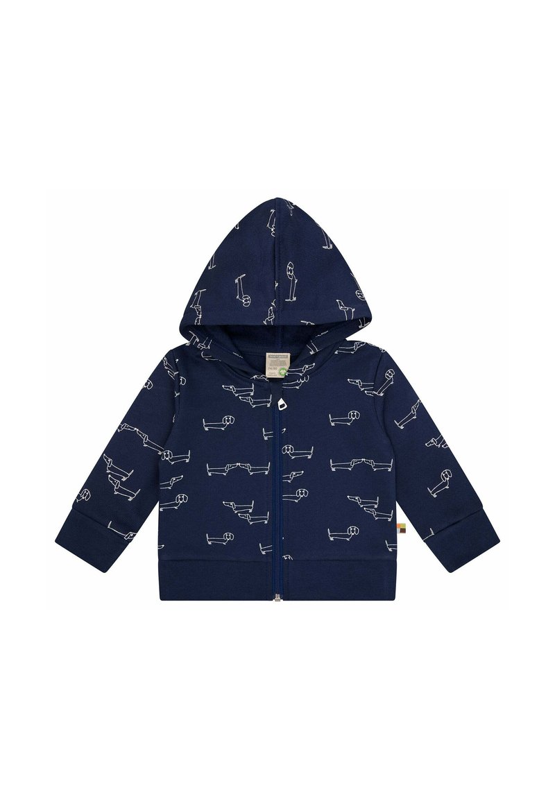 Felpa blu navy con zip realizzata in tessuto morbido, caratterizzata da illustrazioni bianche di cani. Include un cappuccio foderato e polsini a costine.