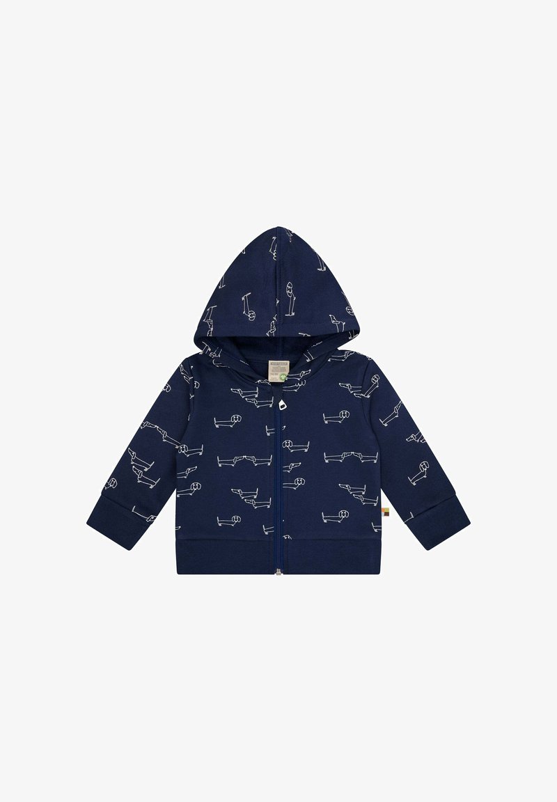 Felpa blu navy con zip realizzata in tessuto morbido, caratterizzata da illustrazioni bianche di cani. Include un cappuccio foderato e polsini a costine.