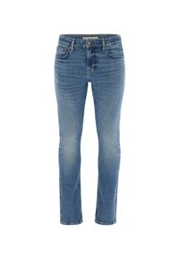 Jean en denim bleu avec une coupe droite, un léger délavage, des poches avant et un bouton classique.