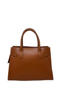 Borsa a mano in pelle marrone con texture, dotata di due manici rotondi e una forma rettangolare strutturata, presentata su uno sfondo bianco.