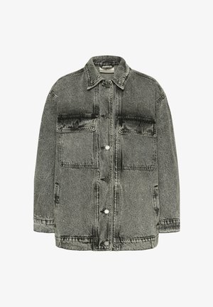 Crna traper jakna s opuštenim krojem, dva džepa na prsima, zatvaranjem na gumbe i izlizanim efektom za izgled koji zrači nošenjem.