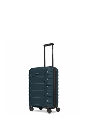 Dunkelblauer Hartschalenkoffer mit vier Spinner-Rollen und ausgezogenem Teleskopgriff.