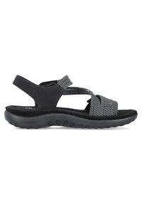 Sandalias negras con correas trenzadas en gris y negro, con una parte superior texturizada, suela negra acolchada y una correa trasera para mayor apoyo.