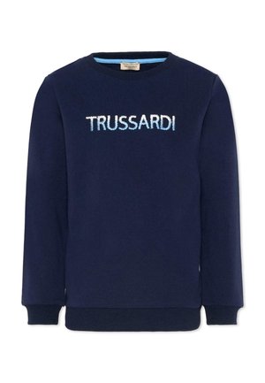 Felpa blu navy con scollo a girocollo, polsini e orlo a coste, con il nome del marchio "TRUSSARDI" ricamato in bianco e azzurro chiaro sul petto.