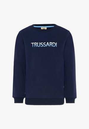 Marineblauwe crewneck trui met geribde boorden en zoom, met de merknaam "TRUSSARDI" in wit en lichtblauw geborduurd over de borst.