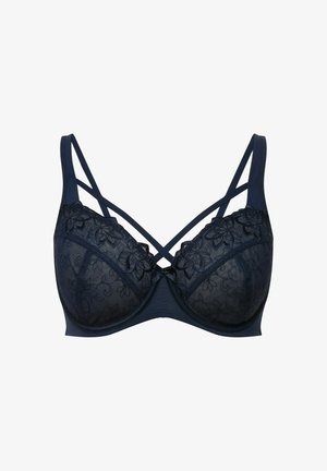 Granatowy stanik z koronkowymi detalami i kwiatowymi wzorami. Posiada wsparcie w postaci fiszbin, regulowane ramiączka oraz przezroczystą siateczkową nakładkę.
