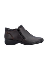 Chaussure bateau en cuir marron foncé à talon bas, fermeture éclair sur le côté, couture décorative et bout arrondi, vue de côté extérieur.
