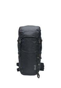 Zaino da trekking Black Jack Wolfskin con molteplici cinghie, tasche laterali e scomparto frontale con cerniera, progettato per uso outdoor.