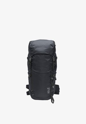 Black Jack Wolfskin Wanderrucksack mit mehreren Gurten, Seitentaschen und einem vorderen Reißverschlussfach, speziell für den Outdoor-Einsatz konzipiert.