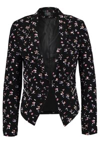 Blazer negro floral con un diseño entallado, pequeños patrones de flores coloridas y un forro interior suave. Destaca por su cuello estructurado y bolsillos.