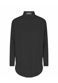 Camicia nera a maniche lunghe con bottoni, realizzata in tessuto liscio con colletto classico e orlo arrotondato, caratterizzata da un design semplice senza motivi.
