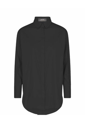 Chemise noire à manches longues, fermée par des boutons, fabriquée en tissu lisse avec un col classique et un ourlet arrondi, présentant un design simple sans motifs.