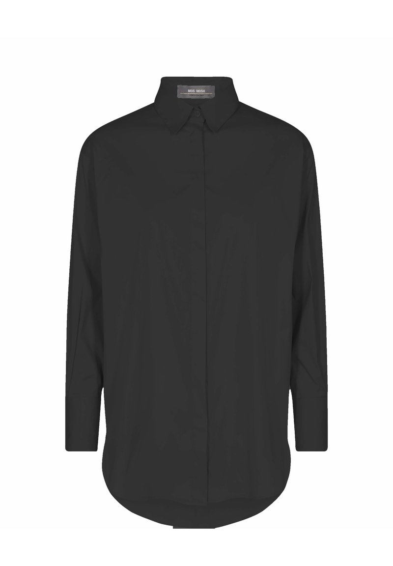 Camicia nera a maniche lunghe con bottoni, realizzata in tessuto liscio con colletto classico e orlo arrotondato, caratterizzata da un design semplice senza motivi.
