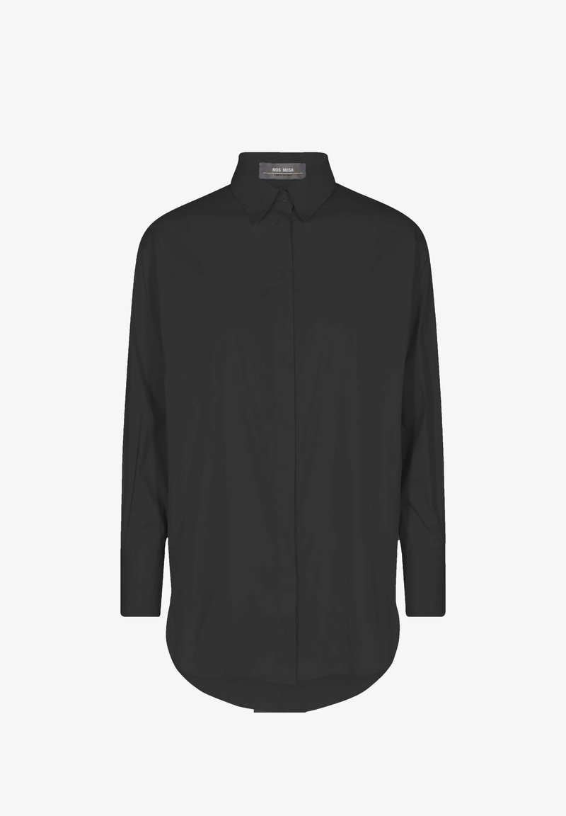 Black long-sleeve button-up shirt, made of smooth fabric with a classic collar and rounded hem, featuring a simple design without patterns.
