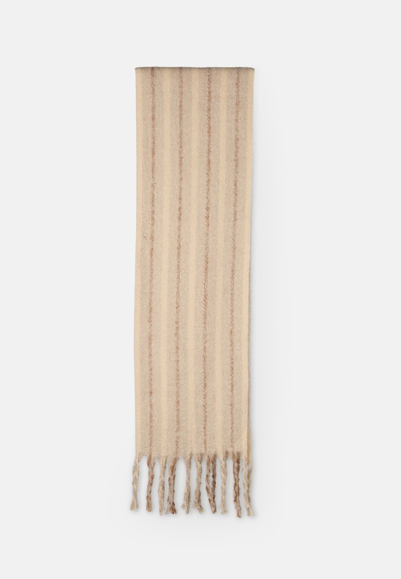 Sciarpa beige con strisce verticali color marrone chiaro, realizzata in materiale morbido e dotata di frange su entrambe le estremità per un tocco di texture e dettaglio.