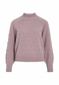 Lawendowy sweter z dzianiny o wysokim kołnierzu, raglanowymi rękawami i teksturalnymi detalami w postaci bąbelków. Ribbowane mankiety i dół.