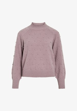 Lavandas krāsas adīta džemperis ar augstu kaklu, raglanu piedurknēm un teksturētu bumbiņu apdari visā virsmā. Ribota aproce un apakšmalas apdare.