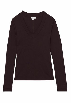 Čierny dlhý rukáv V-krčný top vyrobený z mäkkého materiálu, s priliehavým strihom, minimálnymi švami a jemnými manžetami na koncoch rukávov.
