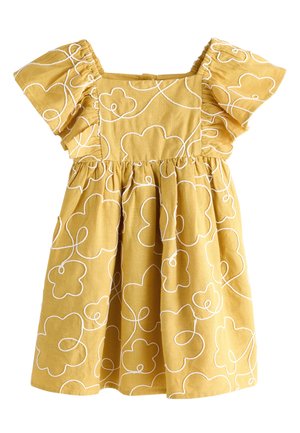 Gelbes Baby-Kleid mit gepufften kurzen Ärmeln und weißer abstrakter Blumenstickerei, geraffter Taille und eckigem Ausschnitt.