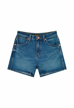 Denim korte broek in medium blauw met een vervaagde afwerking, vijf zakken, knoopsluiting en zichtbare stiksel details op de tailleband en zoom.