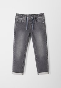 Donkergrijze jeans met een casual ontwerp, voorzien van een elastische tailleband, een trekkoord en omgeslagen mouwen. Glad denim met contrasterende stiksels.